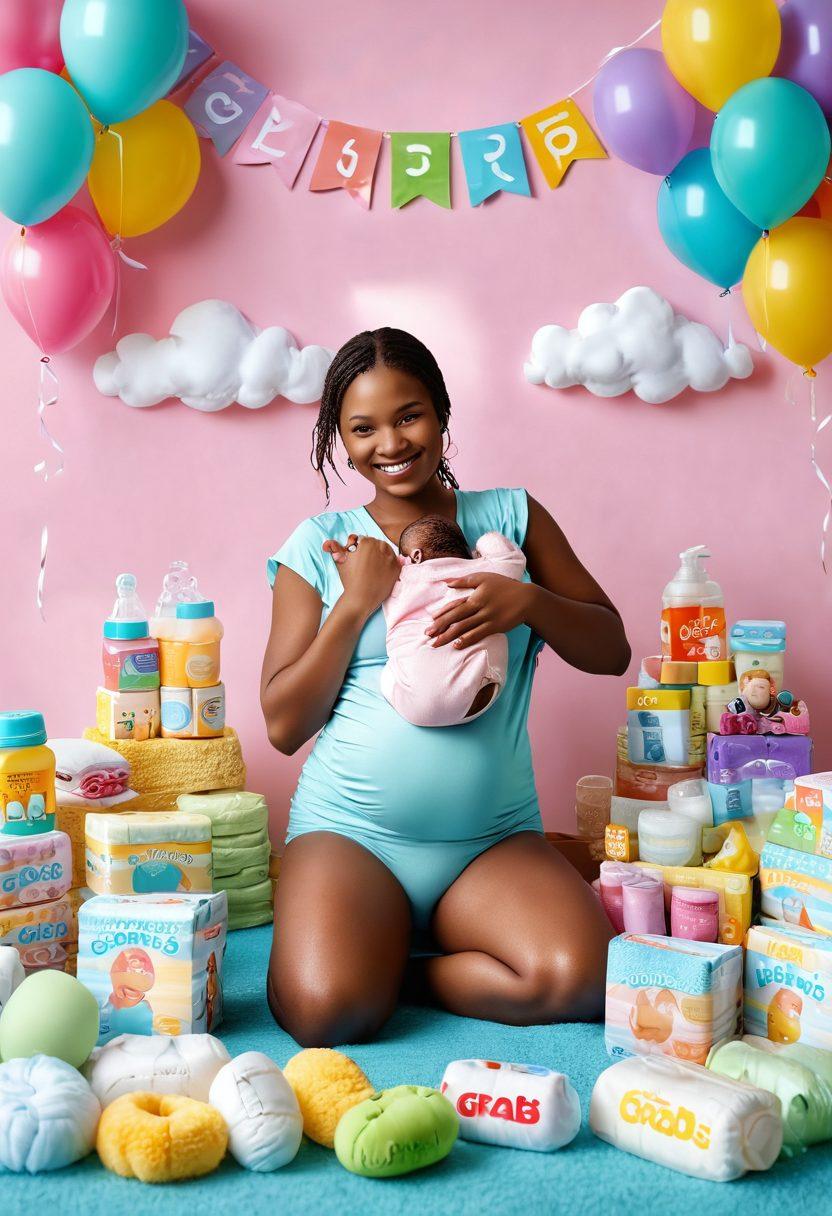 A vibrant scene showcasing a happy parent holding a baby surrounded by an array of free baby supplies such as diapers, bottles, and toys, with a sparkling banner that reads 'Grab Free Supplies!' in bold letters. Include playful pastel colors and a warm, inviting atmosphere, with soft clouds and a bright sun in the background. super-realistic. vibrant colors. soft focus.