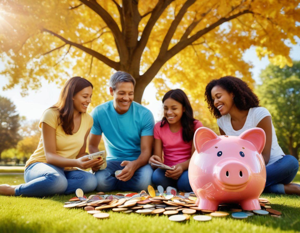 An inviting family scene with parents happily engaging with their children, surrounded by colorful parenting resource materials, discount coupons scattered around, and a large piggy bank overflowing with coins to symbolize savings. The background features a bright, sunny park with trees and playful kids, creating a sense of community and joy. super-realistic. vibrant colors. sunny atmosphere.