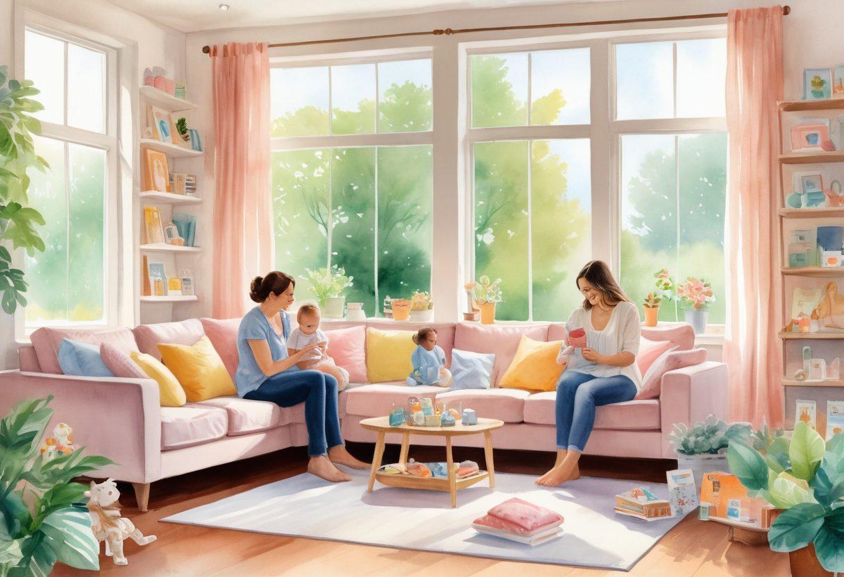 A warm and inviting scene featuring a happy family in a cozy living room, surrounded by various free baby products and discount vouchers scattered playfully. The parents are joyfully interacting with their baby while showcasing items like diapers, toys, and parenting books. A light-filled window reveals a beautiful garden outside, enhancing the cheerful atmosphere. Illustrative watercolor style with soft pastel colors, emphasizing warmth and accessibility.